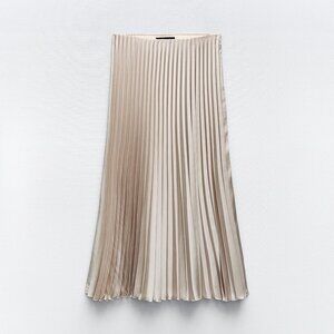 Zara Pleated Champagne Satin Midi Skirt